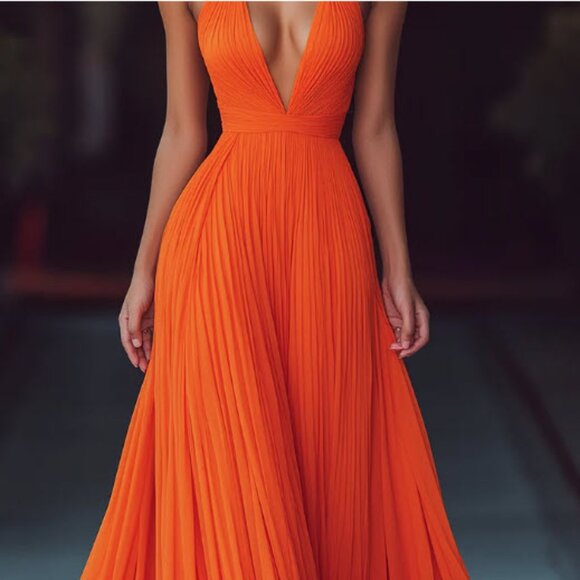 V-neck Halter Pleat Maxi Dress - Picture 1 of 4